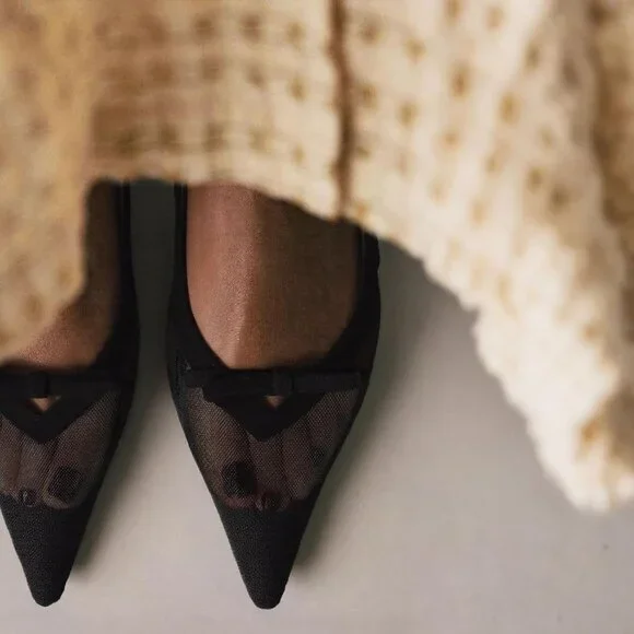 Women's Black Mesh Slingback Pointed Toe Ankle Strap Kitten Bow Heel Pumps Shoes - Picture 5 of 6